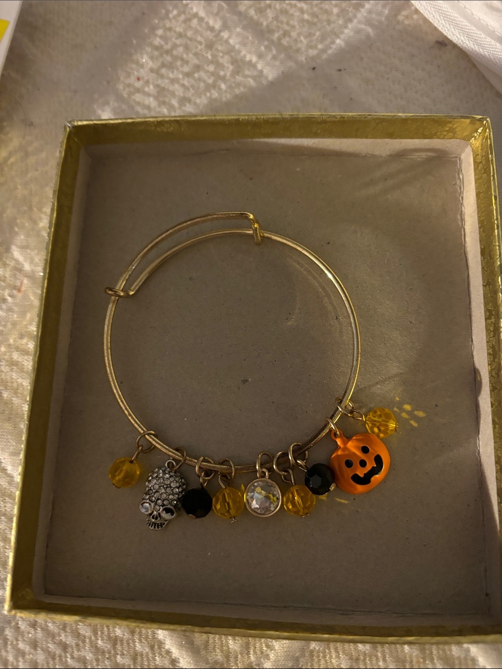 Gold-Tone Halloween Charm Bangle Bracelet with Orange Pumpkin and Yellow Beads